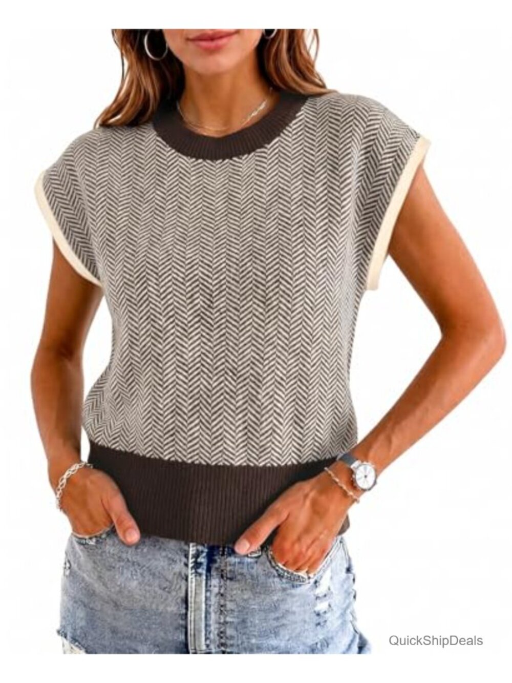 Herringbone Knit Sweater Vest Crop Top Layering Piece